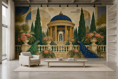 Peacock Garden Wallpaper Classical Pavilion Landscape Wall Mural