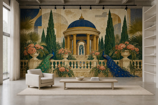 Peacock Garden Wallpaper Classical Pavilion Landscape Wall Mural