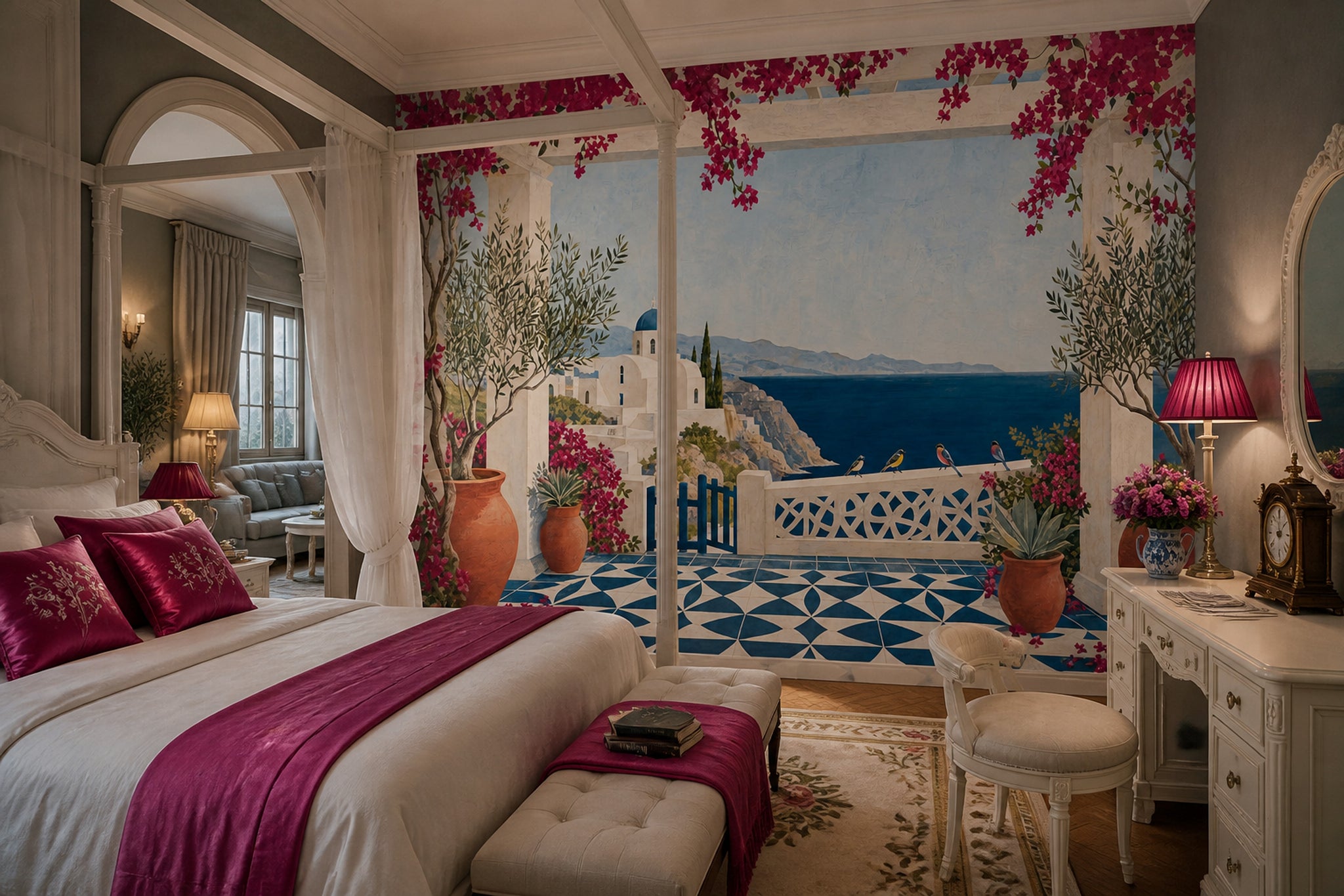 Mediterranean Coastal Wallpaper Santorini Terrace Scene Wall Mural
