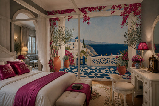 Mediterranean Coastal Wallpaper Santorini Terrace Scene Wall Mural