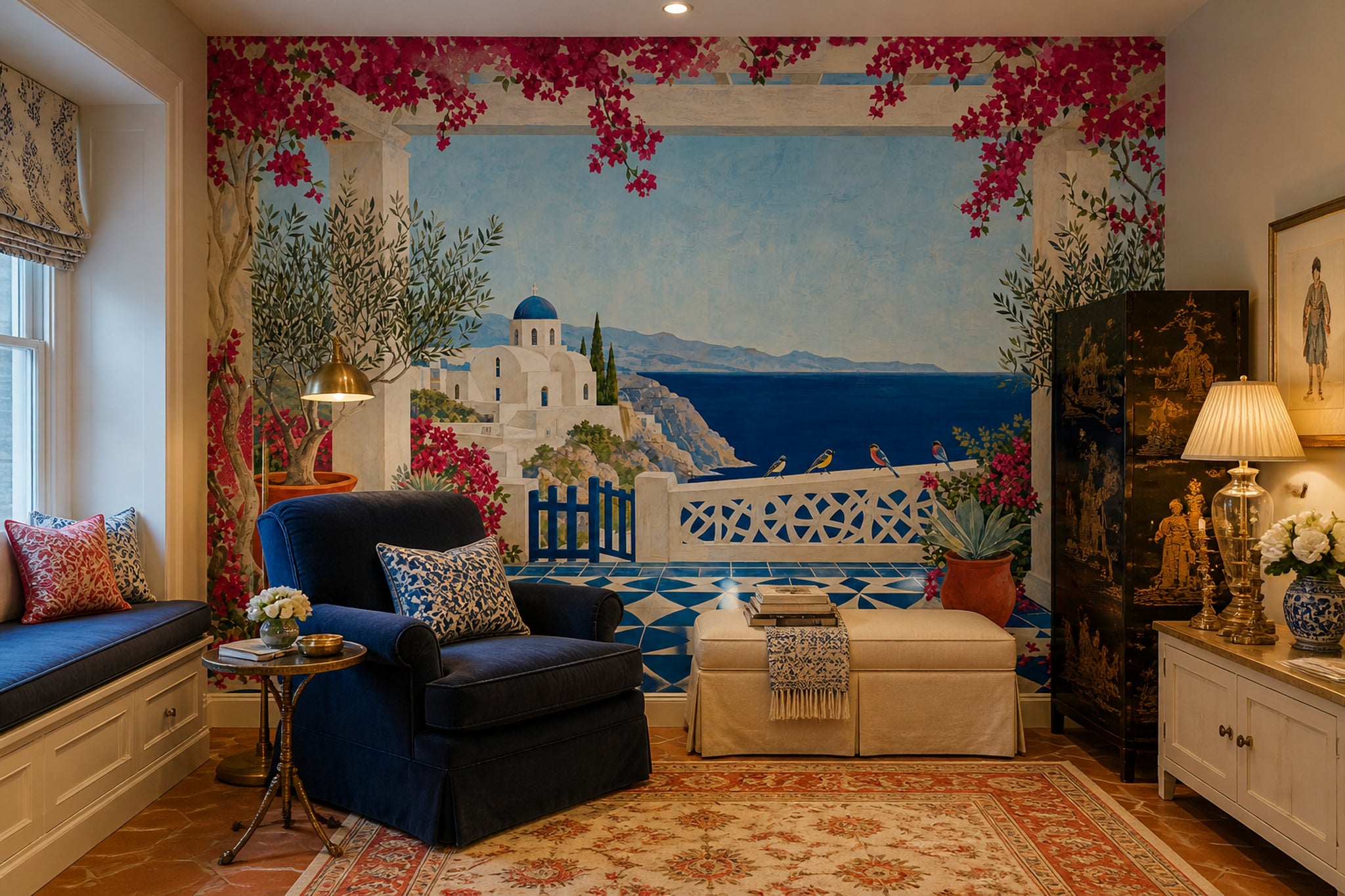 Mediterranean Coastal Wallpaper Santorini Terrace Scene Wall Mural