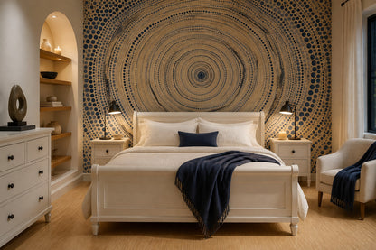 Abstract Dot Spiral Wallpaper Blue and Tan Wall Mural