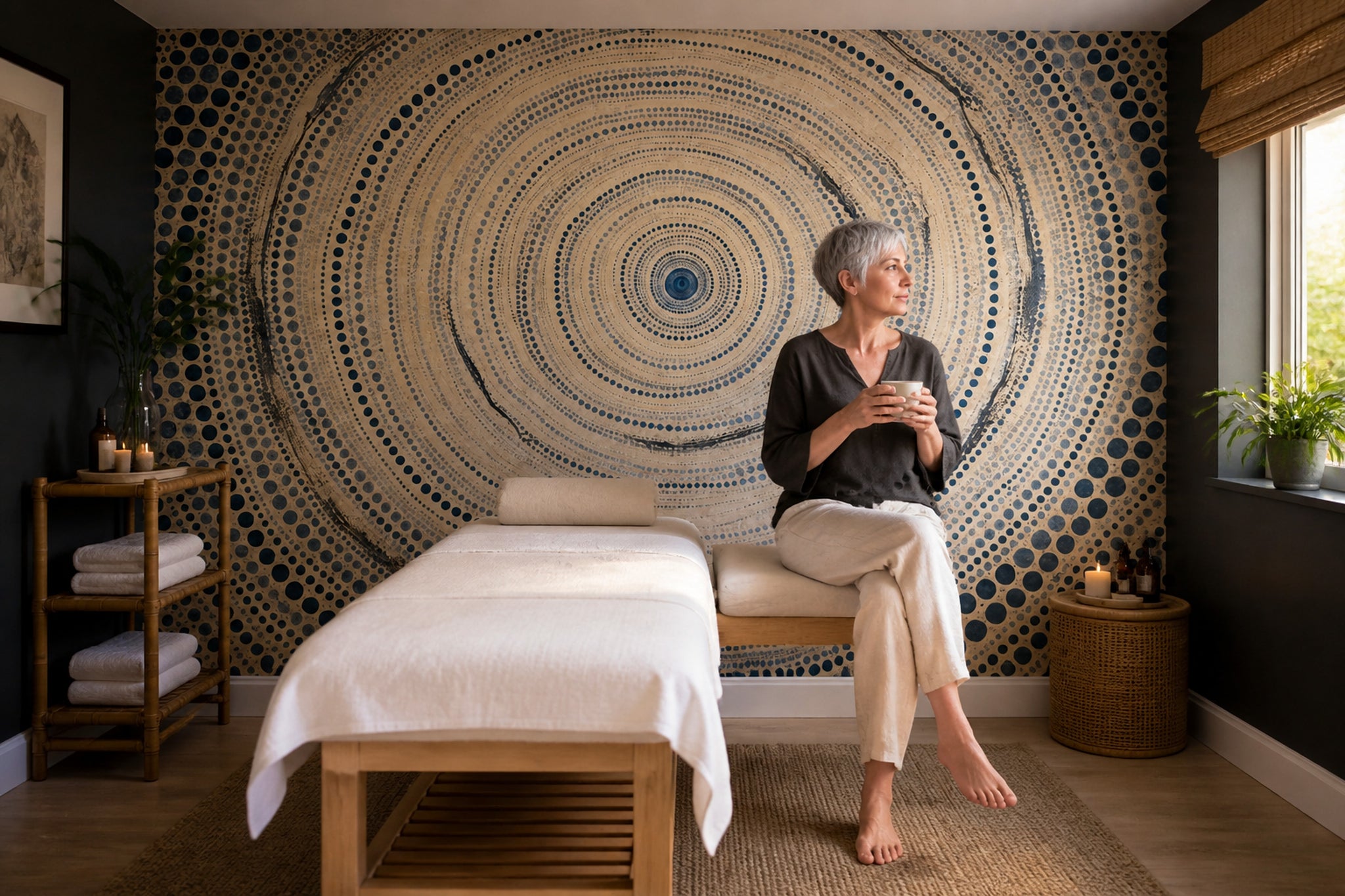 Abstract Dot Spiral Wallpaper Blue and Tan Wall Mural