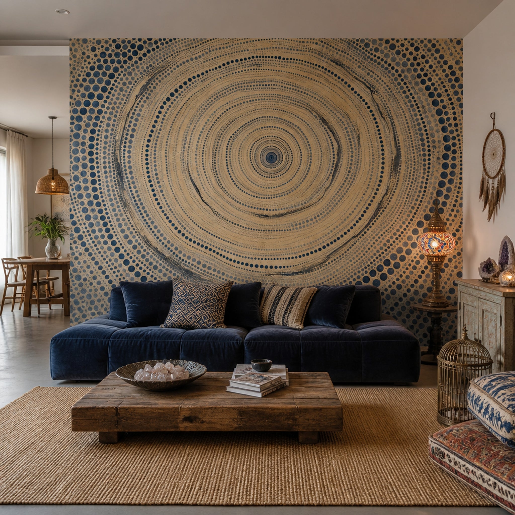 Abstract Dot Spiral Wallpaper Blue and Tan Wall Mural