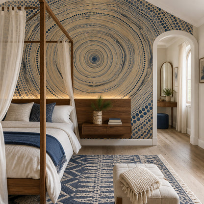 Abstract Dot Spiral Wallpaper Blue and Tan Wall Mural