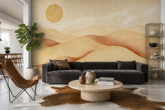 Abstract Desert Landscape Wallpaper Sun Dotted Waves Wall Mural