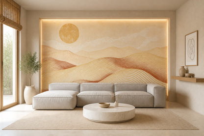 Abstract Desert Landscape Wallpaper Sun Dotted Waves Wall Mural