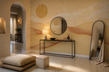 Abstract Desert Landscape Wallpaper Sun Dotted Waves Wall Mural