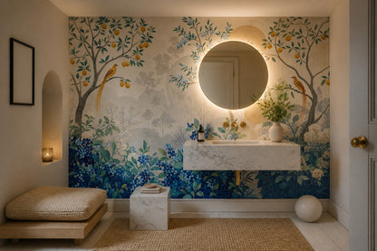Chinoiserie Bird Wallpaper Blue Berries Botanical Wall Mural