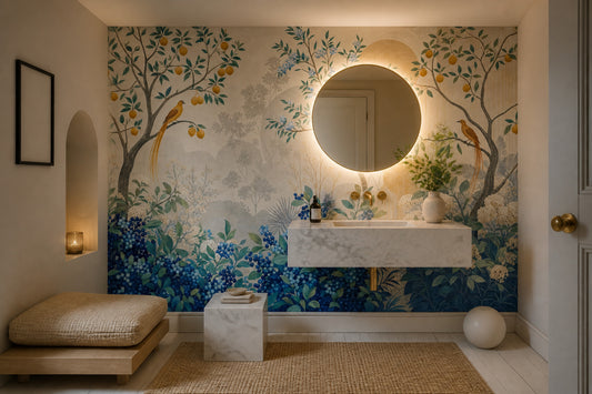 Chinoiserie Bird Wallpaper Blue Berries Botanical Wall Mural