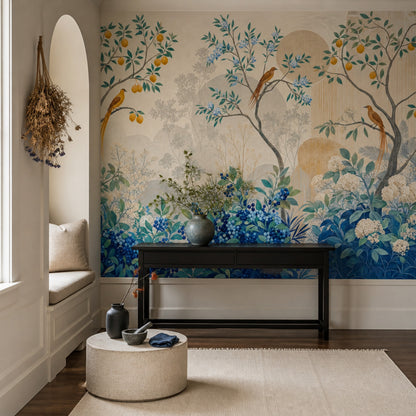 Chinoiserie Bird Wallpaper Blue Berries Botanical Wall Mural