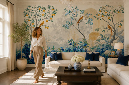 Chinoiserie Bird Wallpaper Blue Berries Botanical Wall Mural