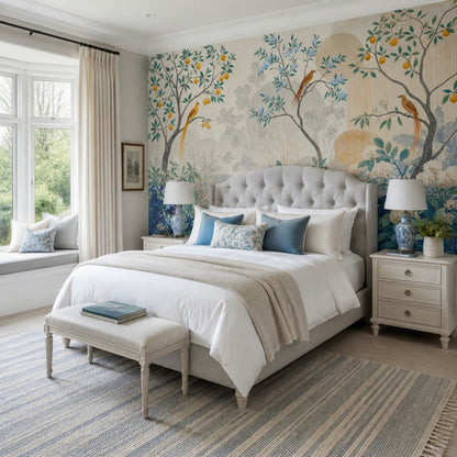Chinoiserie Bird Wallpaper Blue Berries Botanical Wall Mural