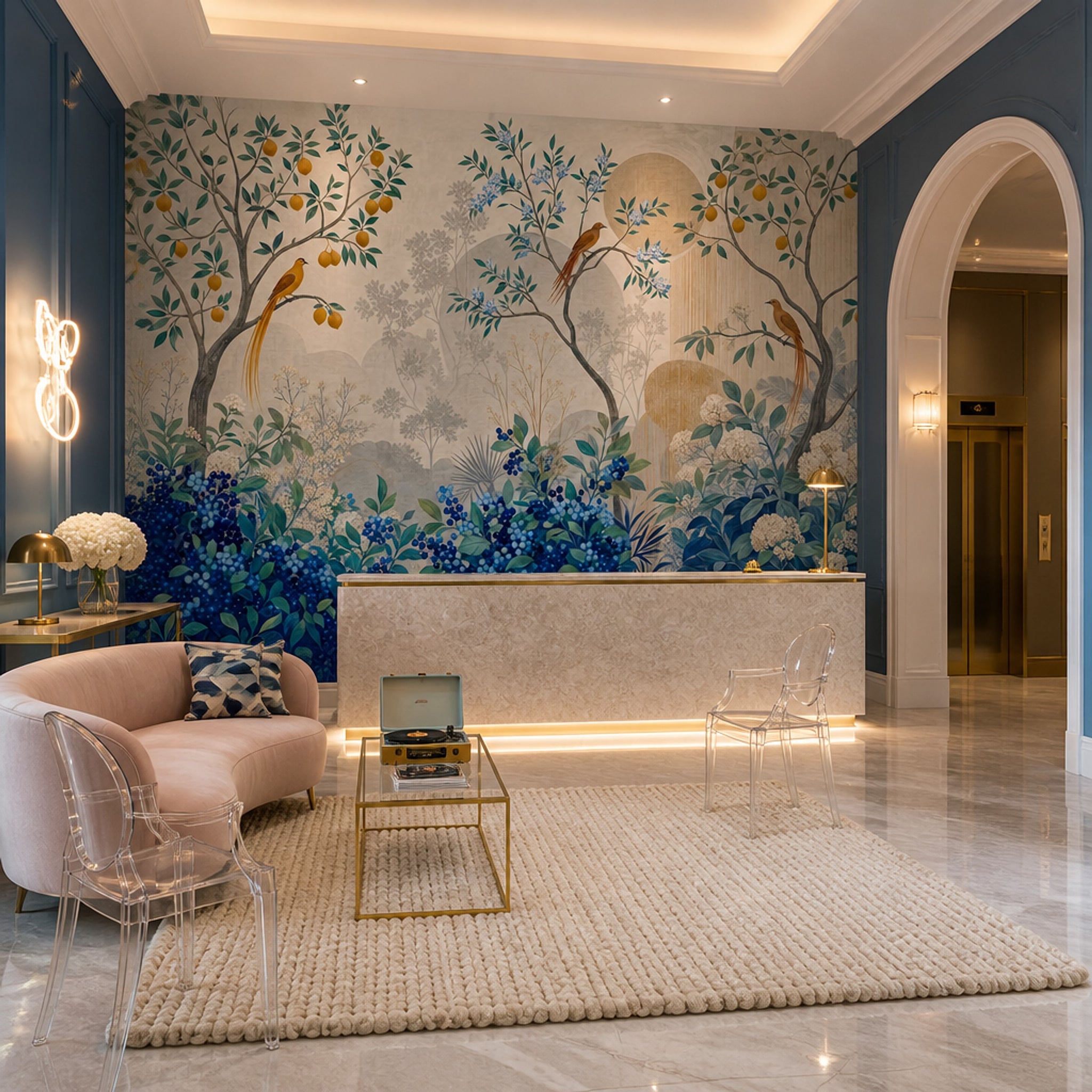 Chinoiserie Bird Wallpaper Blue Berries Botanical Wall Mural