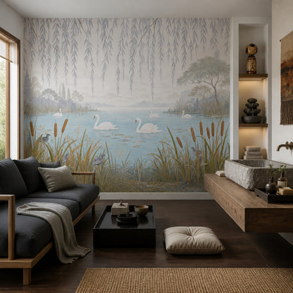 Swan Lake Wallpaper Willow Branches Scenic Wall Mural