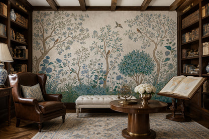 Blue Blossom Bird Wallpaper Vintage Botanical Wall Mural