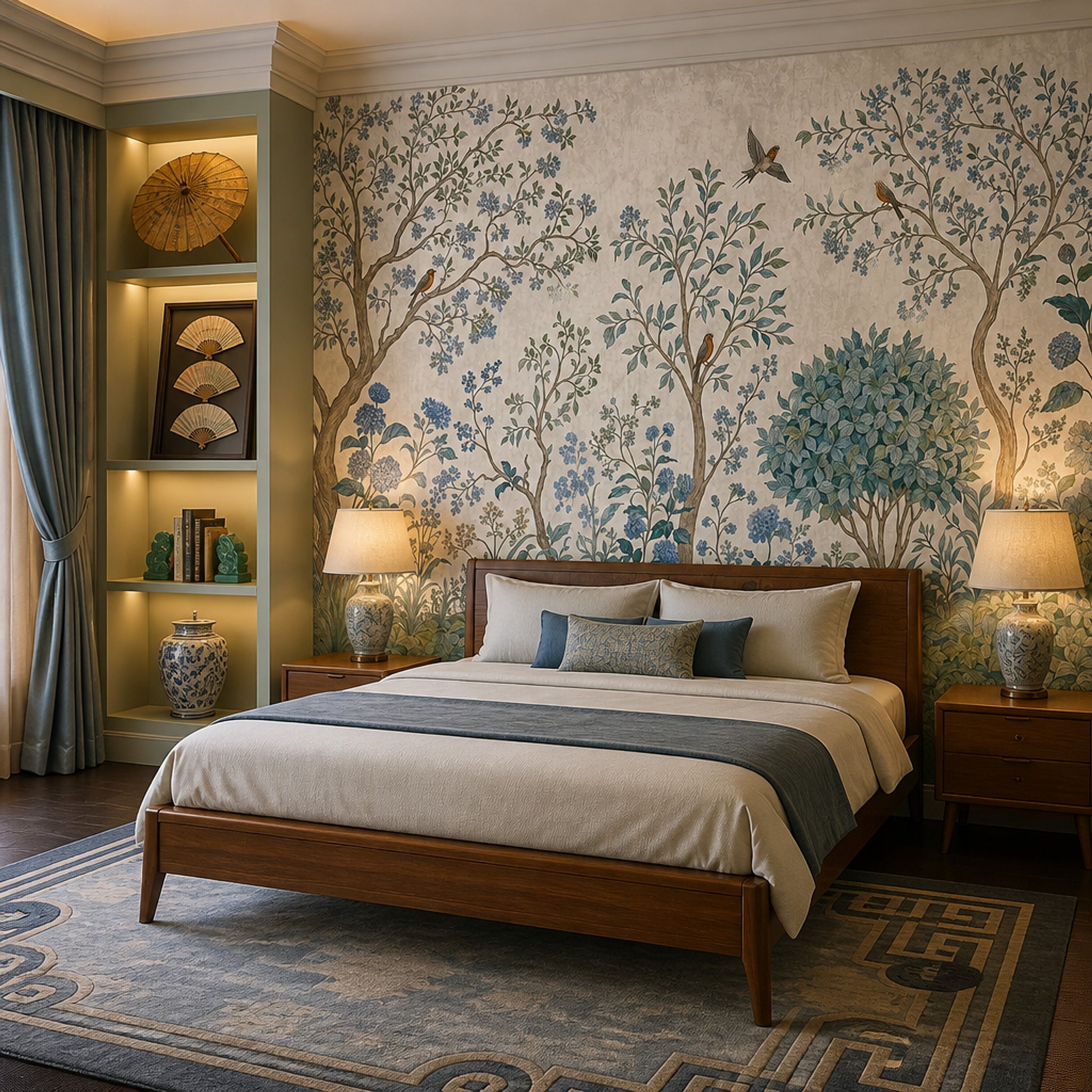 Blue Blossom Bird Wallpaper Vintage Botanical Wall Mural