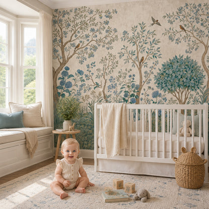 Blue Blossom Bird Wallpaper Vintage Botanical Wall Mural