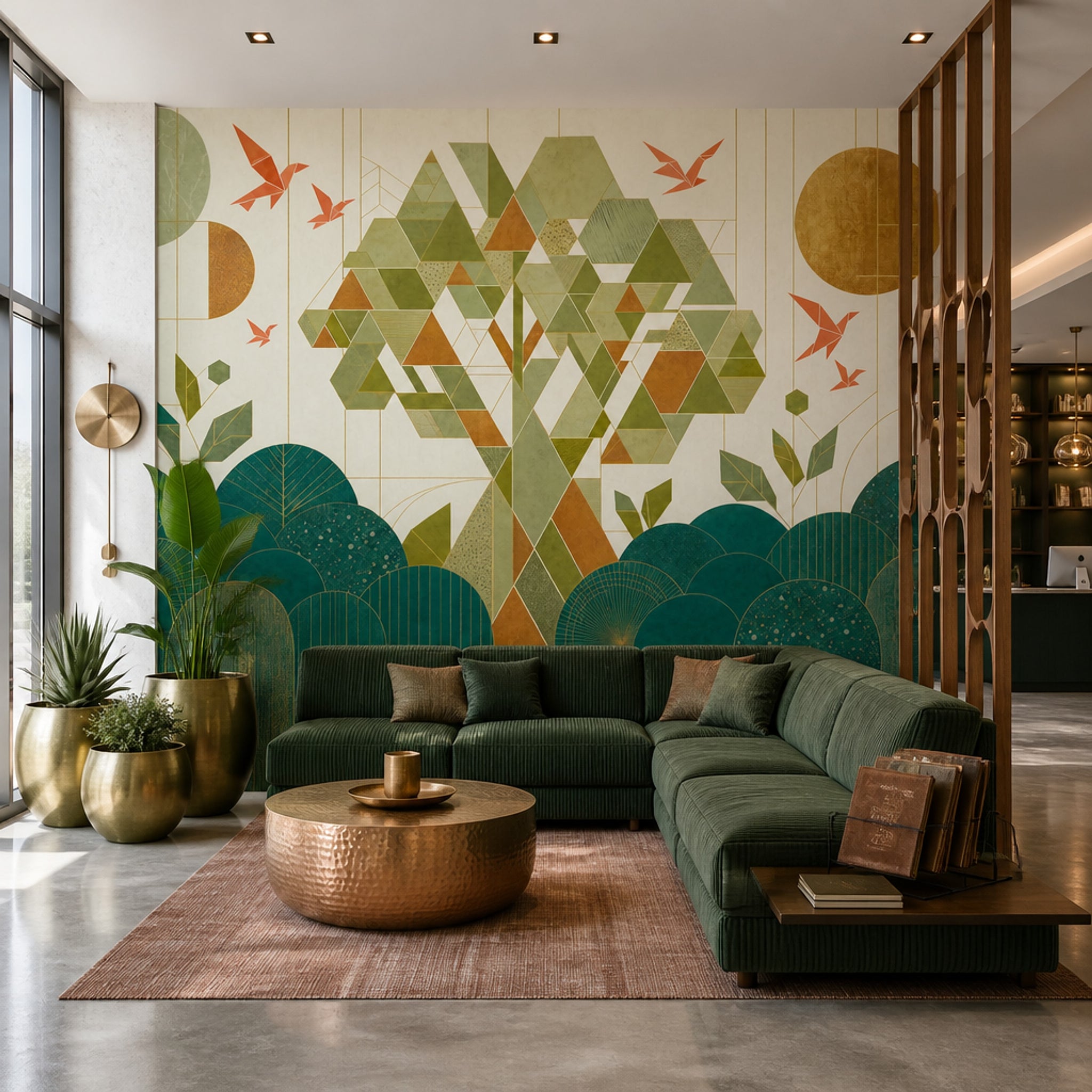 Geometric Tree Wallpaper Green Mosaic Shapes Wall Mural