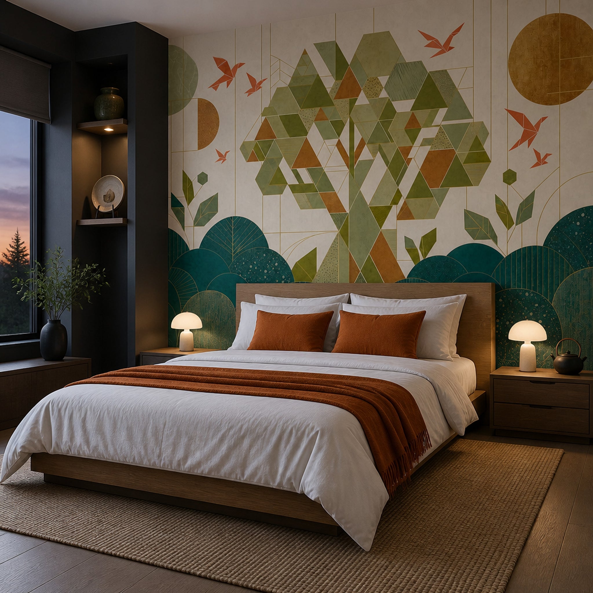 Geometric Tree Wallpaper Green Mosaic Shapes Wall Mural