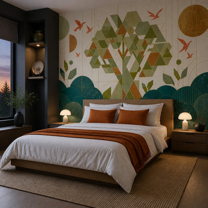 Geometric Tree Wallpaper Green Mosaic Shapes Wall Mural