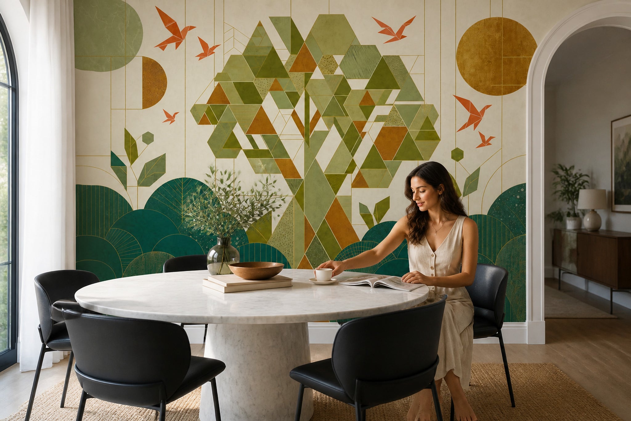 Geometric Tree Wallpaper Green Mosaic Shapes Wall Mural