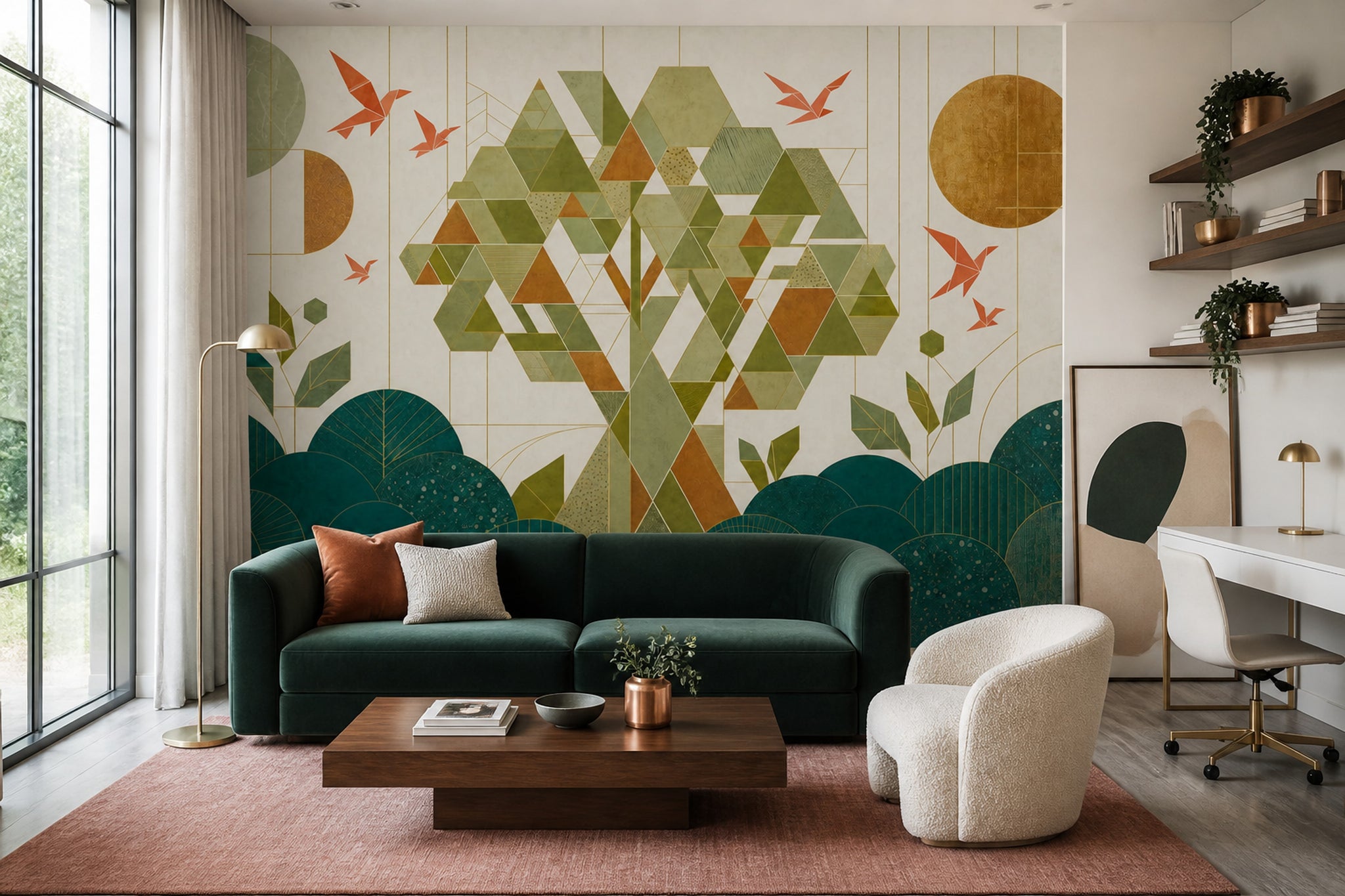 Geometric Tree Wallpaper Green Mosaic Shapes Wall Mural
