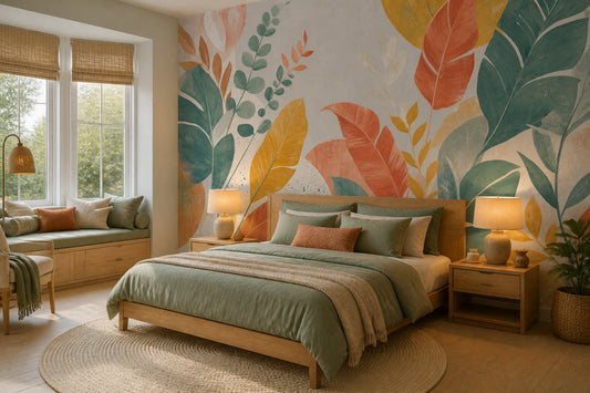 Abstract Botanical Wallpaper Oversized Colorful Leaves Wall Mural