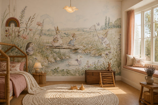 Woodland Bunny Wallpaper Watercolor Meadow Scene Wall Mural