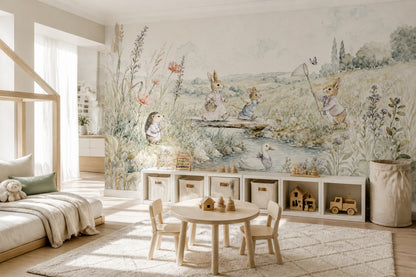 Woodland Bunny Wallpaper Watercolor Meadow Scene Wall Mural