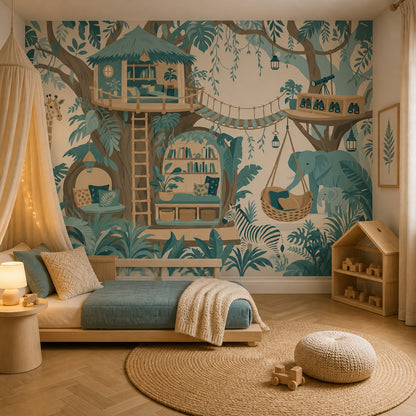 Jungle Treehouse Wallpaper Safari Animals Kids Room Wall Mural
