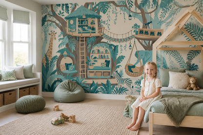 Jungle Treehouse Wallpaper Safari Animals Kids Room Wall Mural