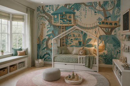 Jungle Treehouse Wallpaper Safari Animals Kids Room Wall Mural