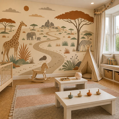 Safari Animals Wallpaper Neutral Savanna Landscape Wall Mural
