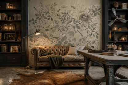Vintage Botanical Wallpaper Birds and Nest Wall Mural