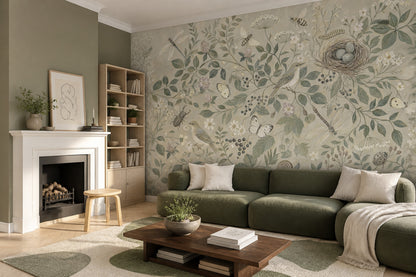 Vintage Botanical Wallpaper Birds and Nest Wall Mural