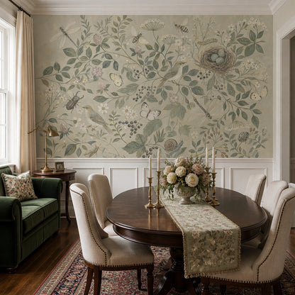 Vintage Botanical Wallpaper Birds and Nest Wall Mural