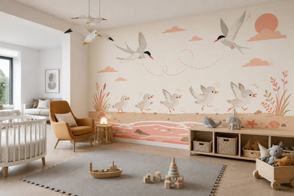 Seaside Birds Wallpaper Soft Nursery Beach Scene Wall Mural