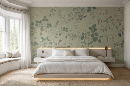 Botanical Vine Wallpaper Soft Green Berries Wall Mural