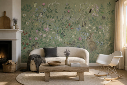 Woodland Wildlife Wallpaper Green Floral Meadow Wall Mural