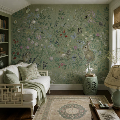 Woodland Wildlife Wallpaper Green Floral Meadow Wall Mural