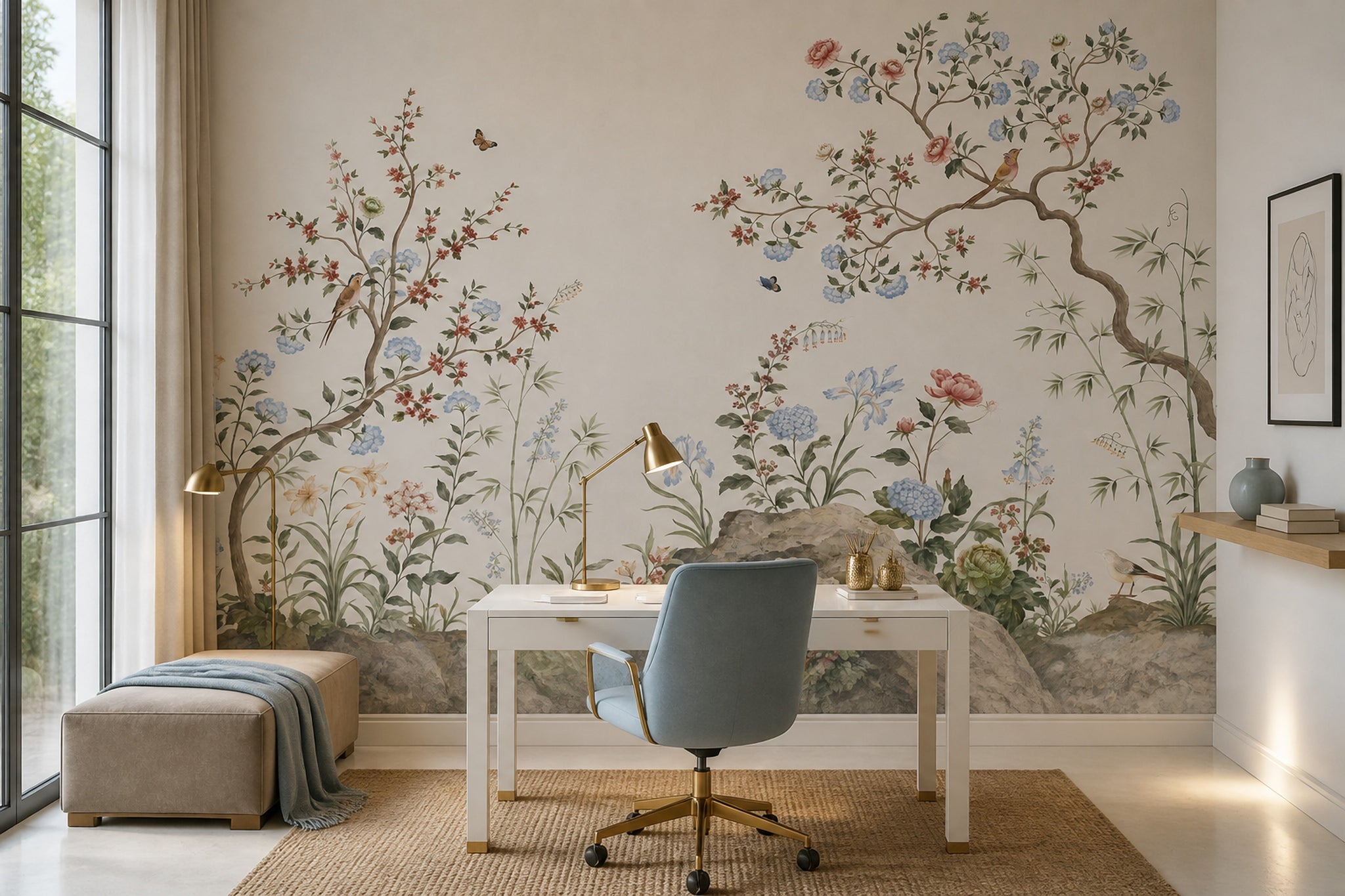 Botanical Bird Wallpaper Chinoiserie Branches Floral Wall Mural