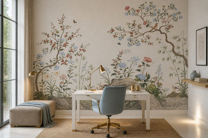 Botanical Bird Wallpaper Chinoiserie Branches Floral Wall Mural