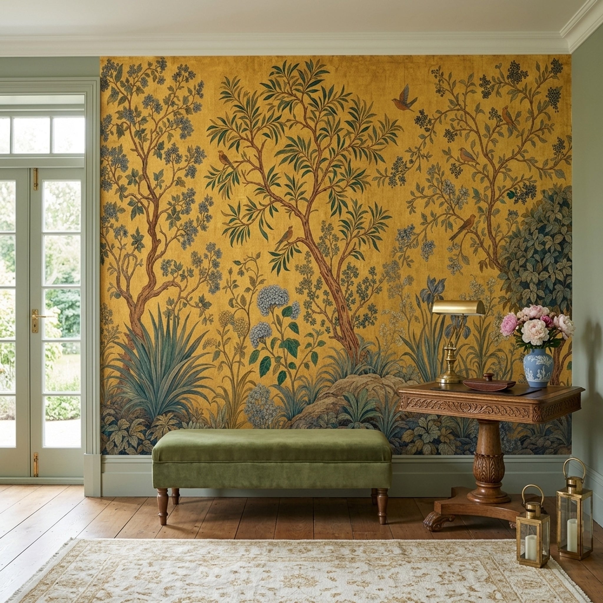 Botanical Tree Wallpaper Golden Chinoiserie Birds Wall Mural