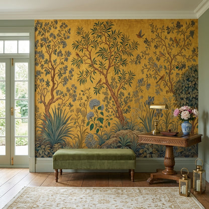 Botanical Tree Wallpaper Golden Chinoiserie Birds Wall Mural