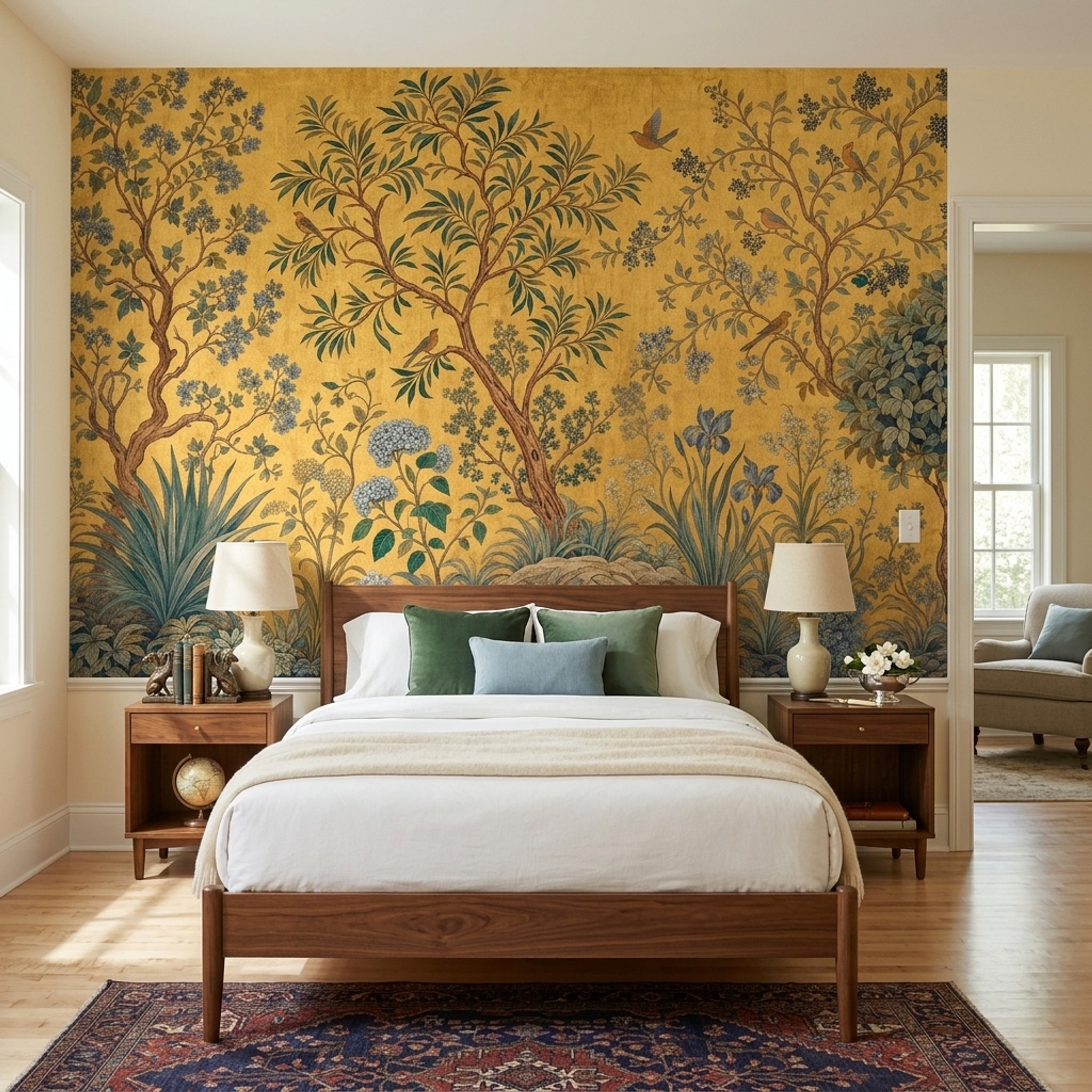Botanical Tree Wallpaper Golden Chinoiserie Birds Wall Mural