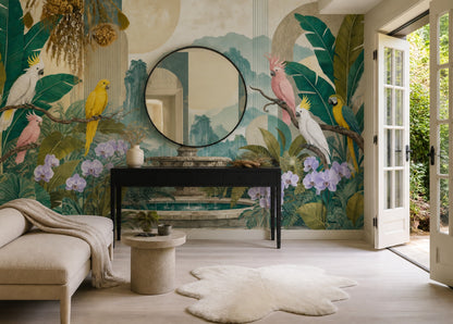 Tropical Parrot Wallpaper Orchid Leaves Botanical Wall Mural