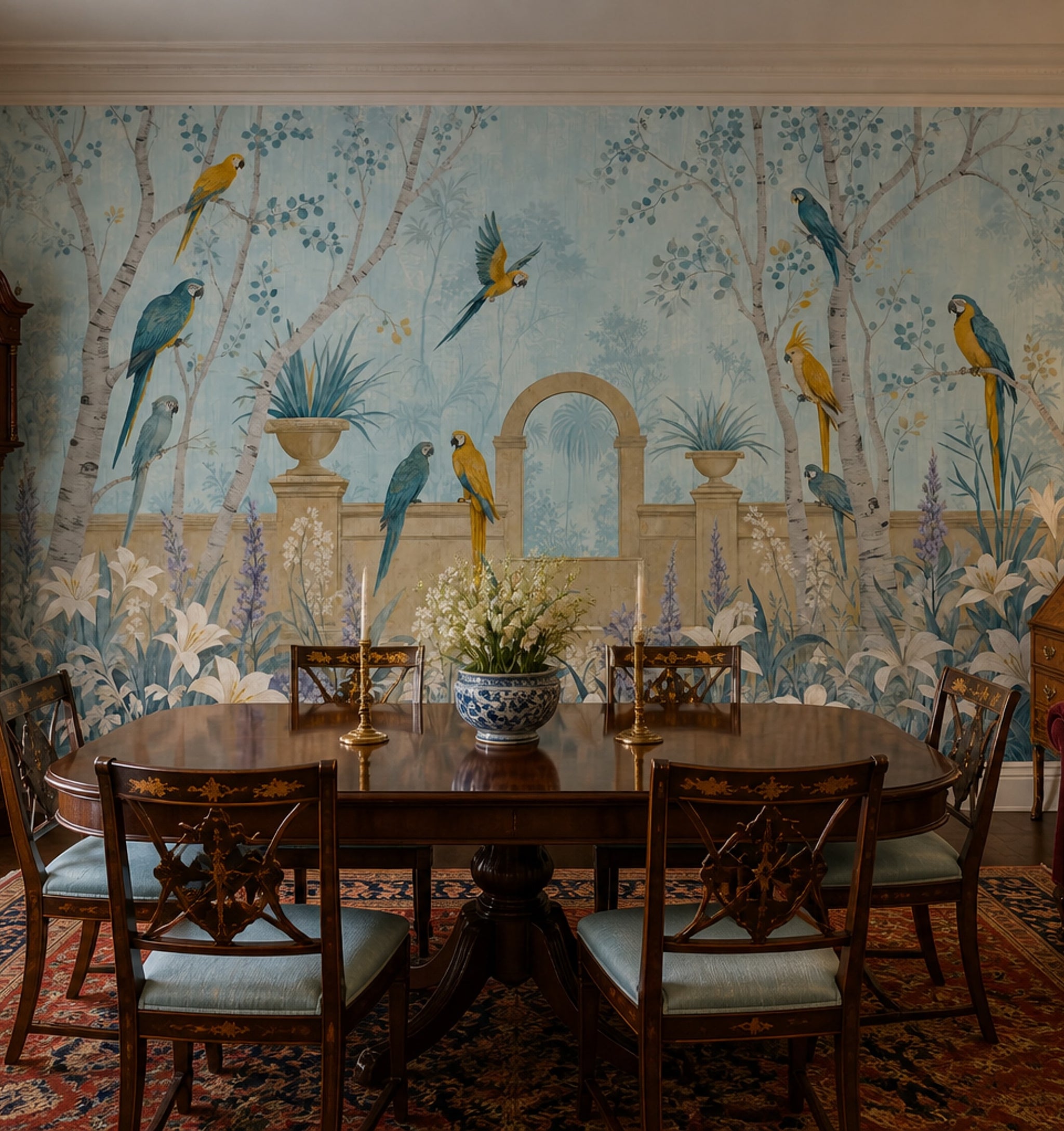 Tropical Parrot Wallpaper Blue Garden Scene Wall Mural