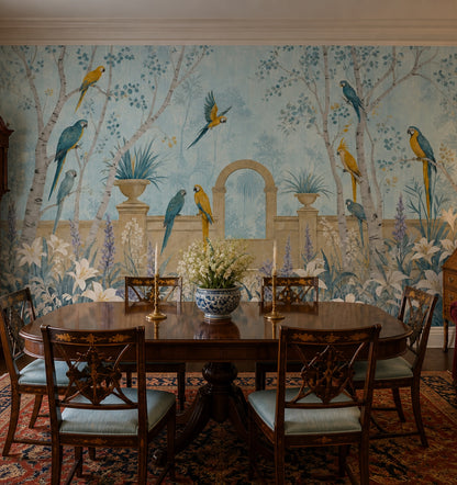 Tropical Parrot Wallpaper Blue Garden Scene Wall Mural