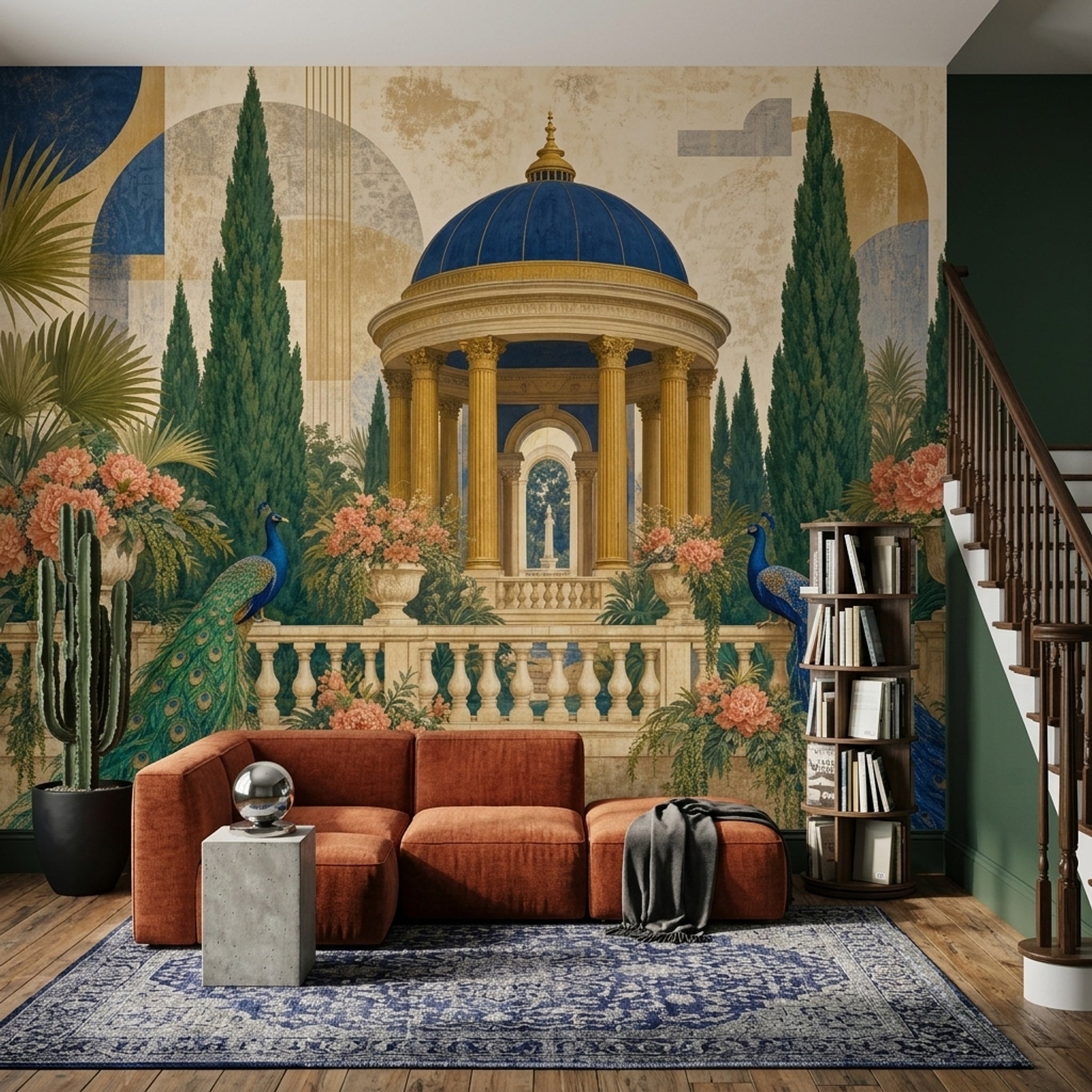 Peacock Garden Wallpaper Classical Pavilion Landscape Wall Mural